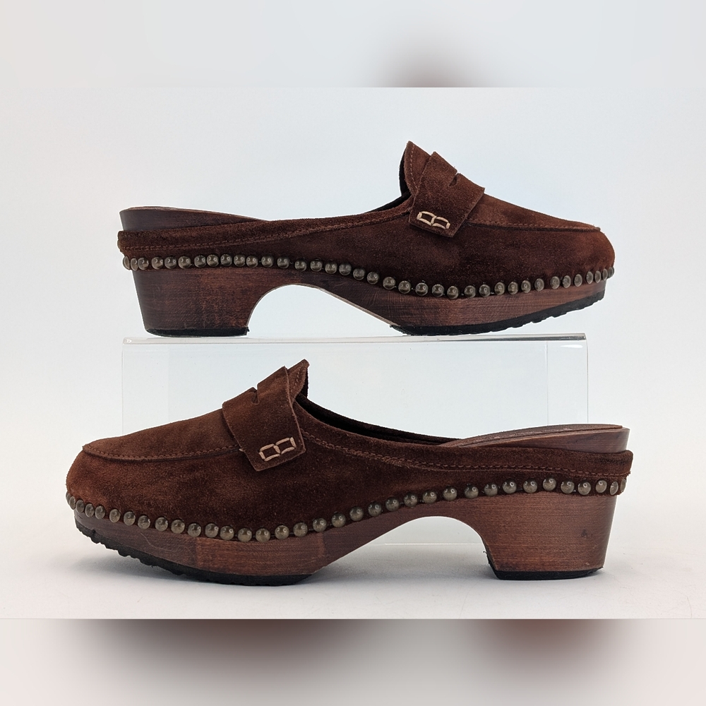 Michael Kors Women Sz 8 Studded Italian-Made Brown Suede Leather Clog Wood-Soles - Picture 8 of 17
